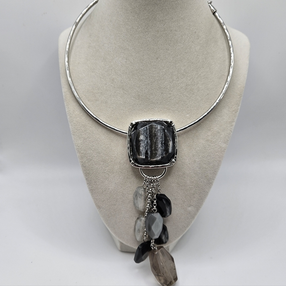 NEW Chico's Cinda Black Lucite Statement Dangle Necklace Silver Tone